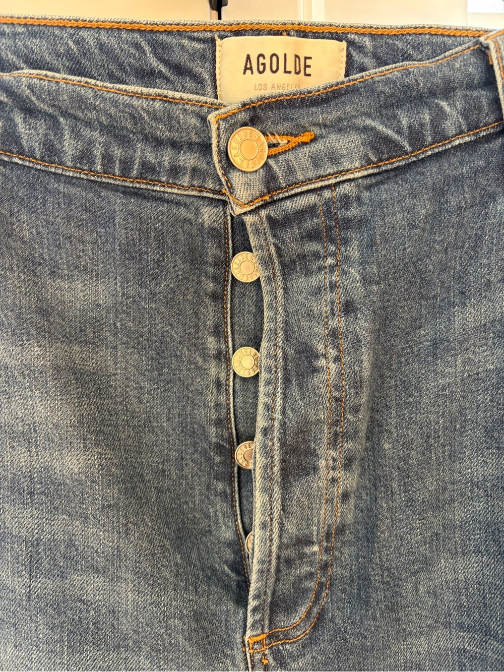 Agolde Denim Jeans Riley Long 34 Classic Button Fly Distressed $208